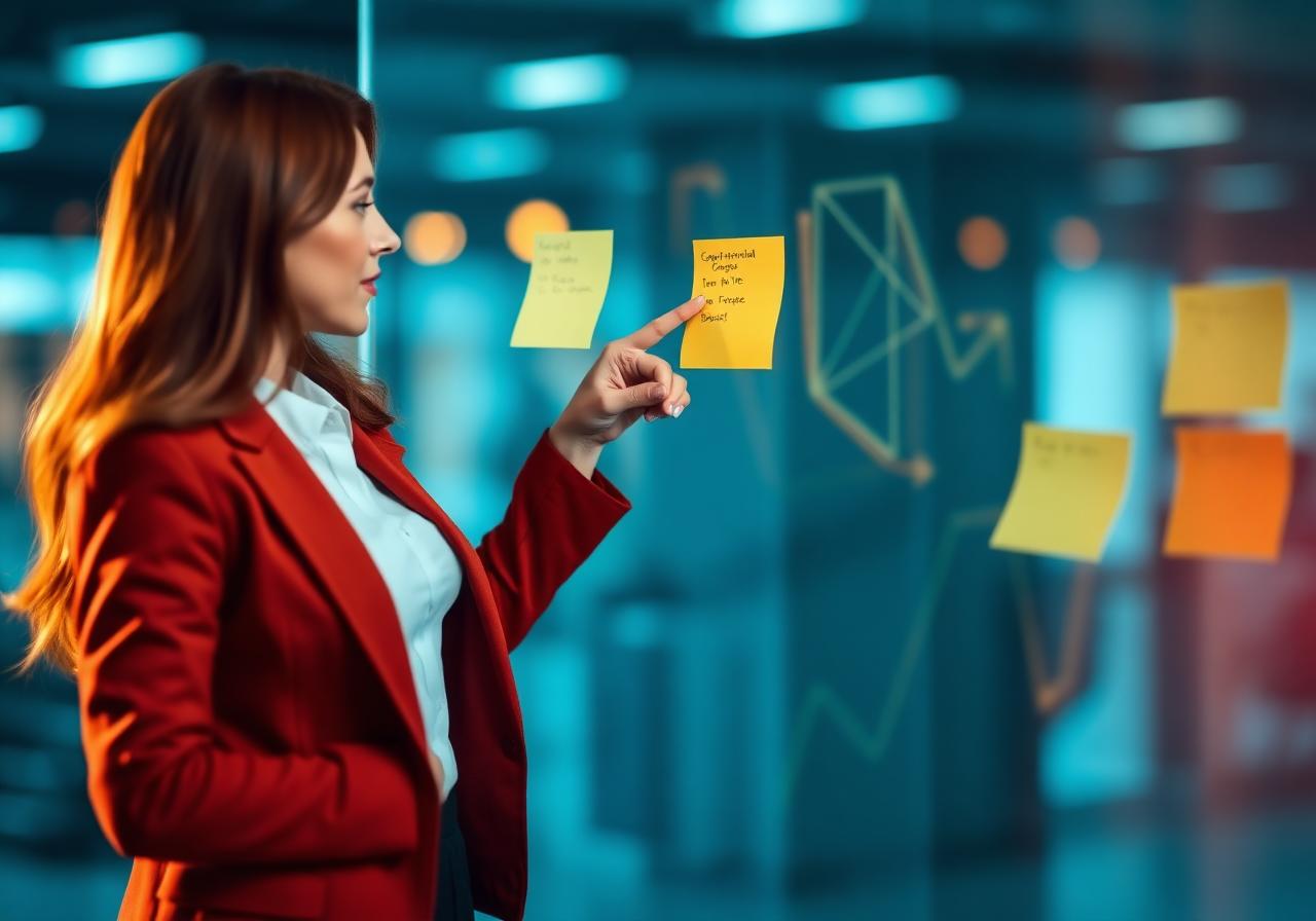 Estrategista de marketing planejando campanhas em quadro de vidro